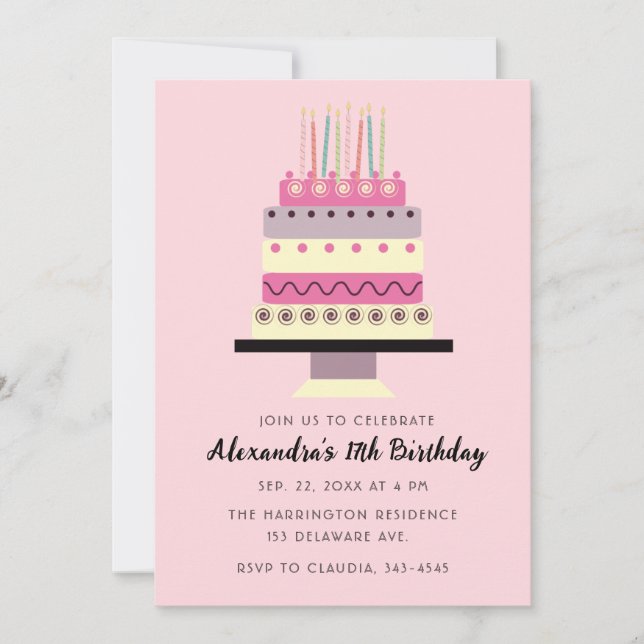 Whimsical Birthday Cake Retro Girly Pink Invitation (Front)