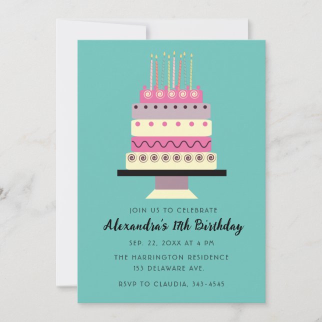 Whimsical Birthday Cake Retro Pink Teal Invitation (Front)