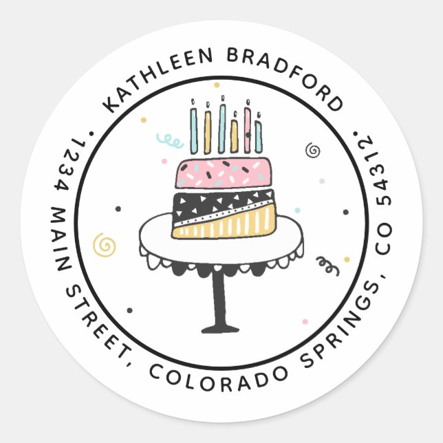 Whimsical Birthday Cake Return Address Label (Front)
