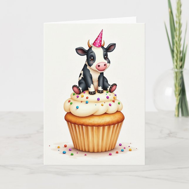 Whimsical Birthday Calf Cupcake Card (Front)