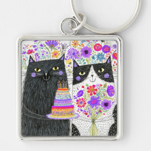 Whimsical Birthday Cats Floral Bouquet Keychain