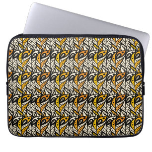 Whimsical black and gold peacock feather pattern laptop sleeve