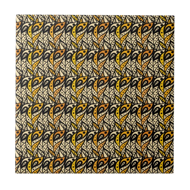 Whimsical black and gold peacock feather pattern tile (Front)