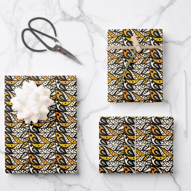 Whimsical black and gold peacock feather pattern wrapping paper sheet (Front)