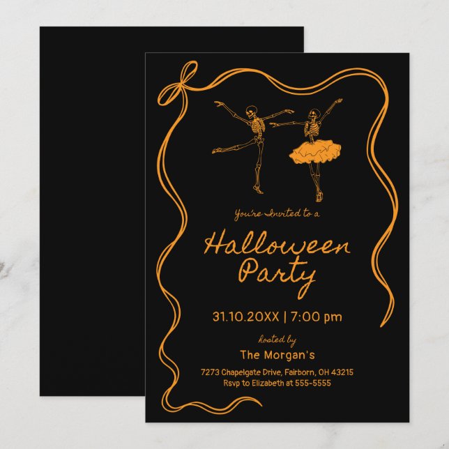 Whimsical Black and Orange Hand Drawn Halloween  Invitation (Front/Back)
