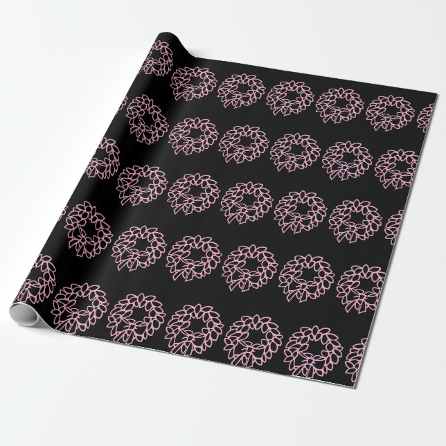 Whimsical Black and Pink  Christmas Wreath Pattern Wrapping Paper (Unrolled)