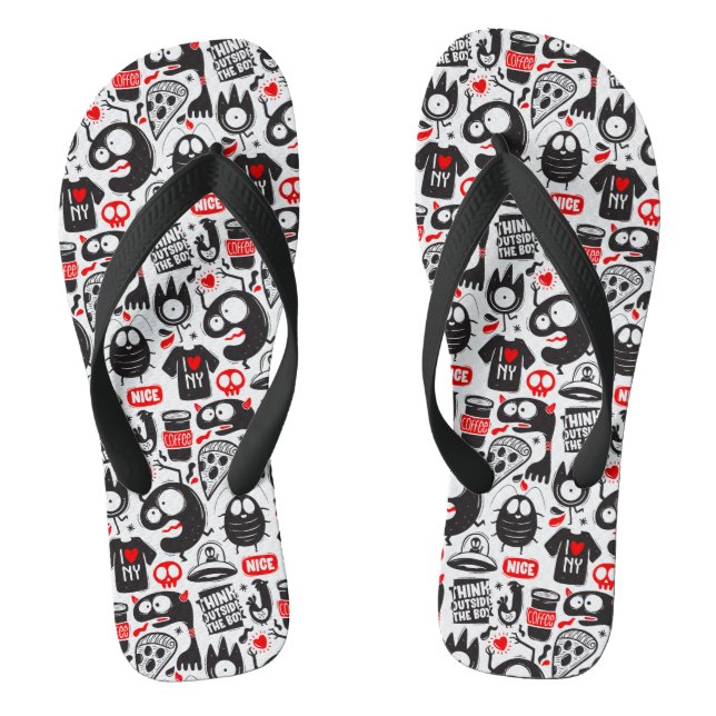 Whimsical Black and Red Monster Doodle Flip Flops (Footbed)