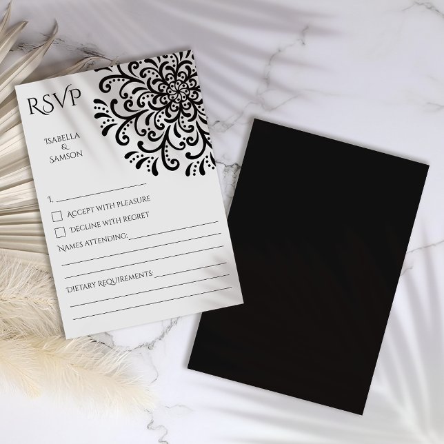 Whimsical Black and White Flourish RSVP Card (Creator Uploaded)