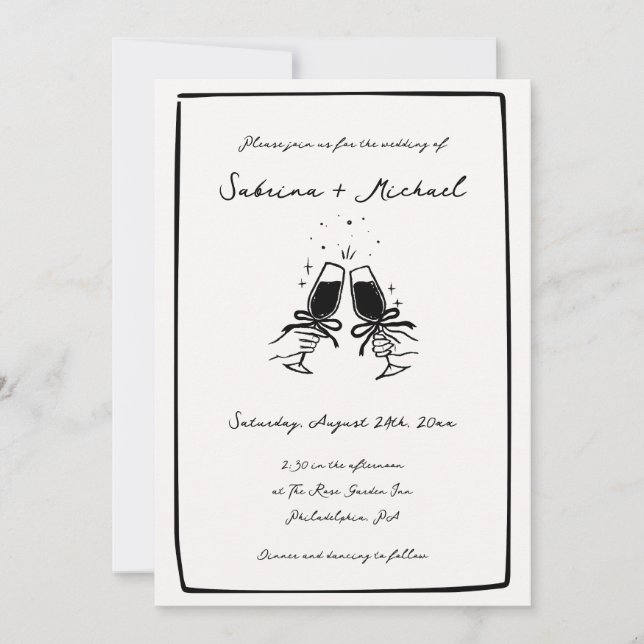 Whimsical Black and White Hand Drawn Glass Wedding Invitation (Front)