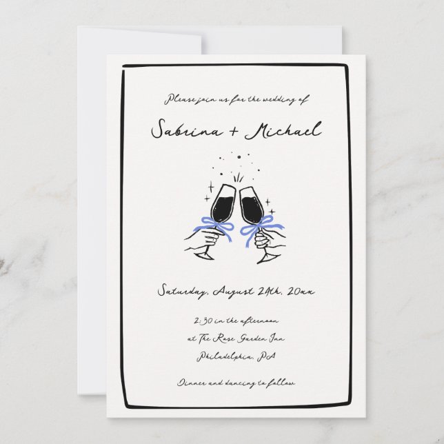 Whimsical Black and White Hand Drawn Glass Wedding Invitation (Front)