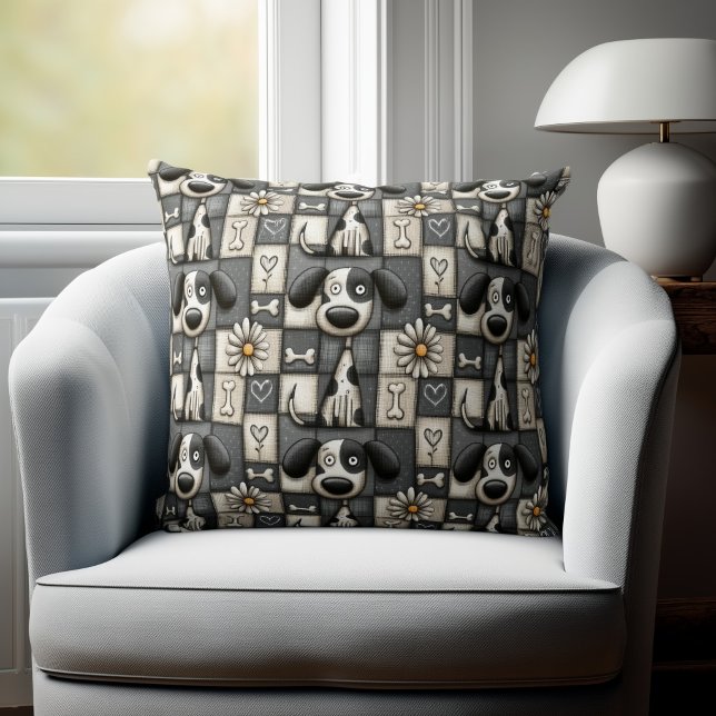 Whimsical Black and White Patchwork Dog Pattern Throw Pillow (Creator Uploaded)