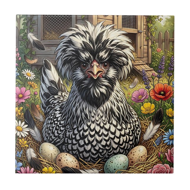 Whimsical Black and White Polish Chicken Coop Tile (Front)