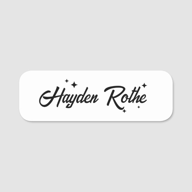 Whimsical Black and White Retro Calligraphy Name Tag (Front)