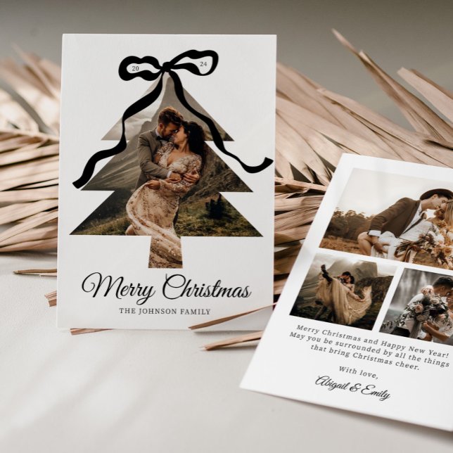 Whimsical Black Bow Christmas Tree Photo Frame Holiday Card (Creator Uploaded)