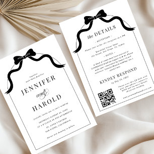 Whimsical Black Bow French All in One Arch Wedding Invitation