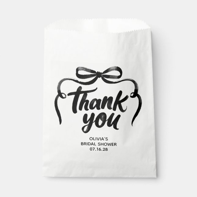 Whimsical Black Bow Handwritten Bridal Thank You Favour Bag (Front)