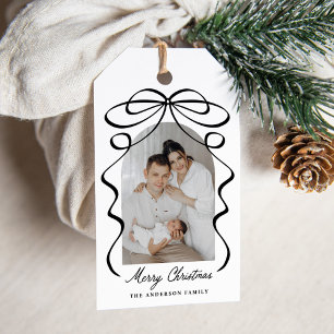 Whimsical Black Bow Ribbon Arch Photo Christmas Gift Tags