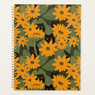 Whimsical Black Cat and Sunflower Seamless Pattern Planner