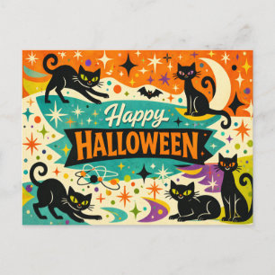 Whimsical Black Cat Atomic Age Halloween Holiday Postcard