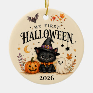 Whimsical Black Cat Baby First Halloween Keepsake Ceramic Ornament