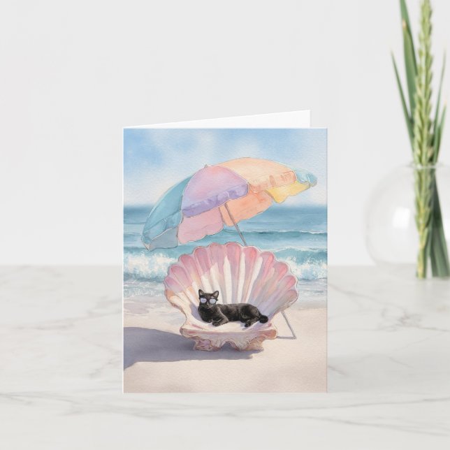 Whimsical Black Cat Beach Card (Front)