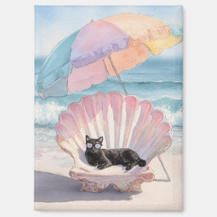 Whimsical Black Cat Beach Magnet