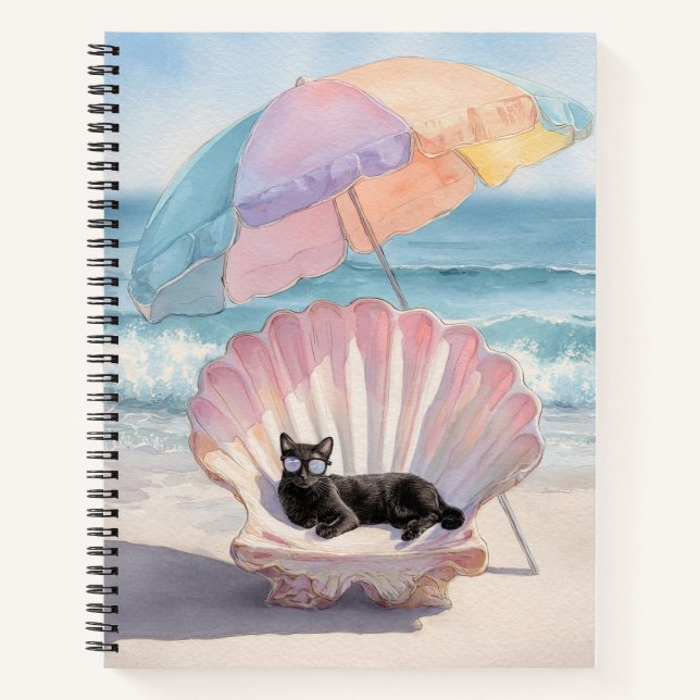 Whimsical Black Cat Beach Notebook (Front)