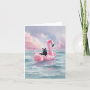 Whimsical Black Cat Flamingo Float Card