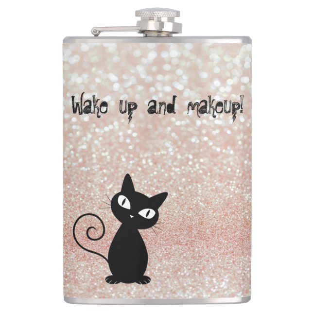 Whimsical  Black Cat Glittery-Wake up and makeup Hip Flask (Front)