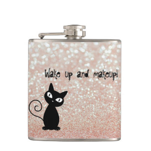 Whimsical  Black Cat Glittery-Wake up and makeup Hip Flask