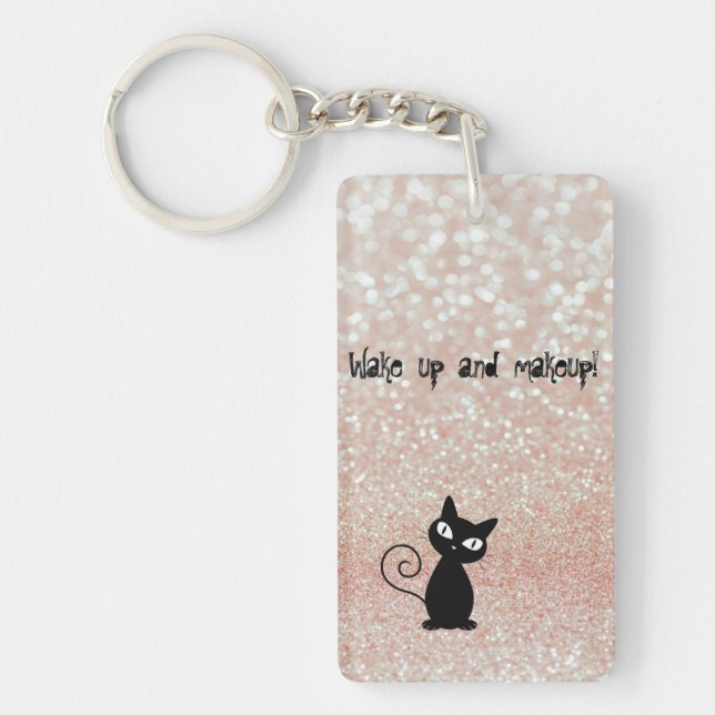Whimsical  Black Cat Glittery-Wake up and makeup Keychain (Front)
