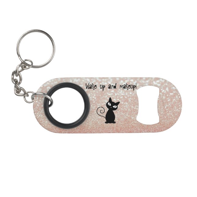 Whimsical  Black Cat Glittery-Wake up and makeup Keychain Bottle Opener (Front (Horizontal))