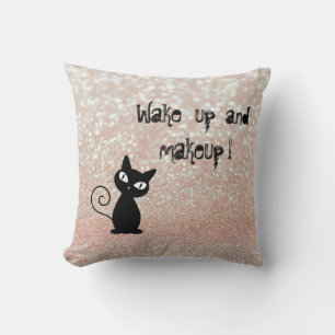 Whimsical Black Cat Glittery-Wake up and makeup Throw Pillow