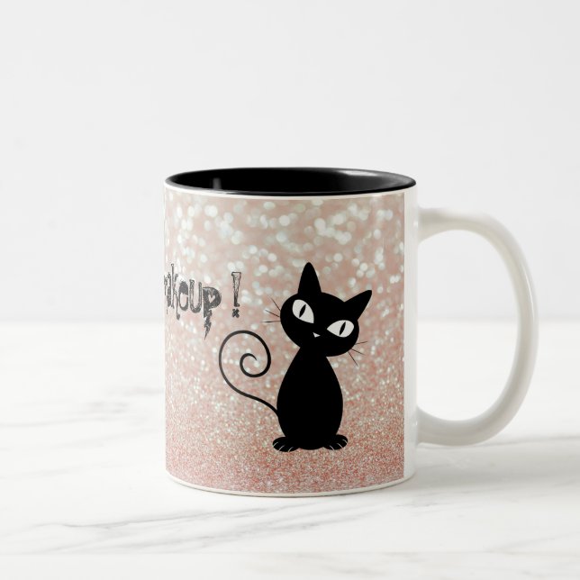 Whimsical  Black Cat Glittery-Wake up and makeup Two-Tone Coffee Mug (Right)