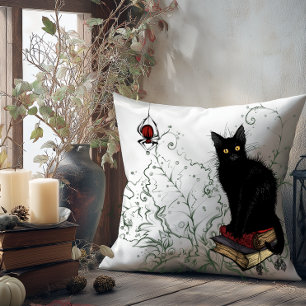 Whimsical Black Cat Halloween Throw Pillow