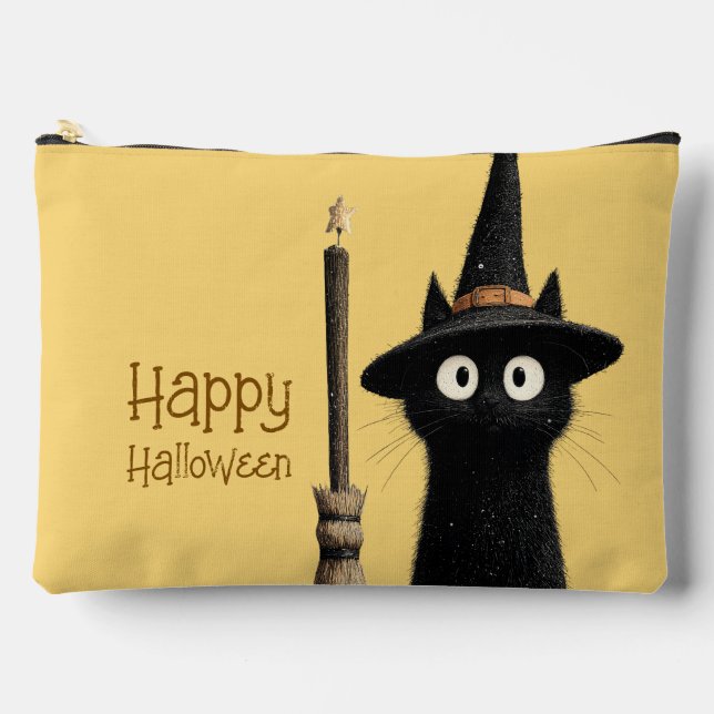 Whimsical Black Cat Happy Halloween Accessory Pouch (Front)