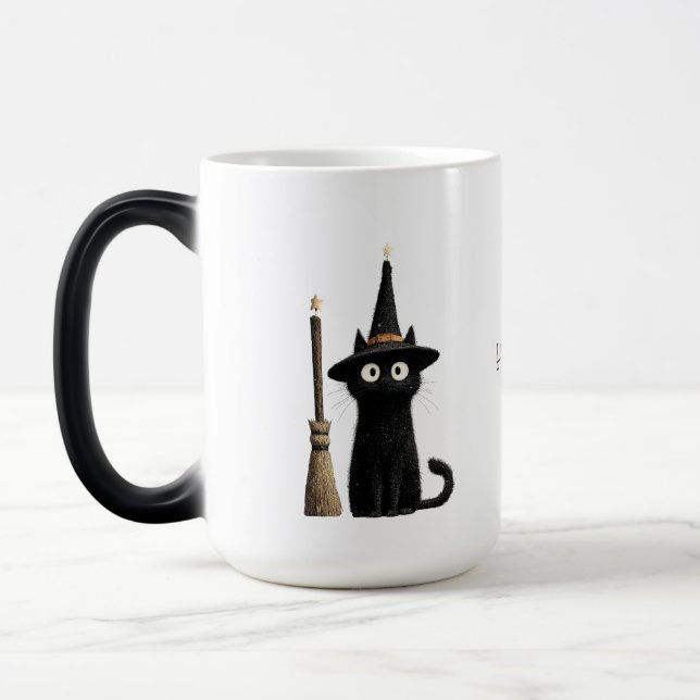 Whimsical Black Cat Happy Halloween Magic Mug (Left)
