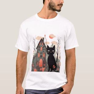 Whimsical Black Cat Haunted House T-Shirt