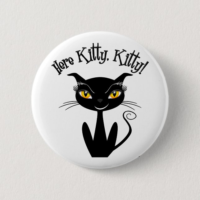 Whimsical Black Cat Here Kitty, Kitty! 2 Inch Round Button (Front)