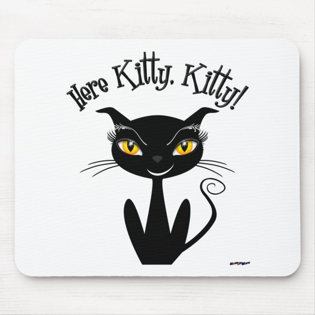 Whimsical Black Cat Here Kitty, Kitty! Mouse Pad (Front)