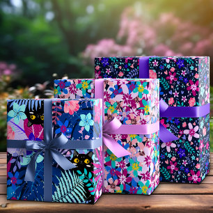 Whimsical Black Cat Hidden In Midnight Blooms Wrapping Paper Sheet