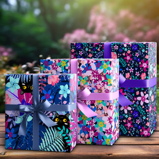 Whimsical Black Cat Hidden In Midnight Blooms Wrapping Paper Sheet