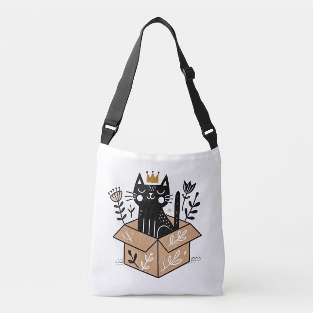 Whimsical Black Cat in a Box with Crown  Crossbody Bag (Front)