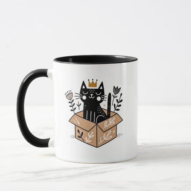 Whimsical Black Cat in a Box with Crown  Mug (Left)