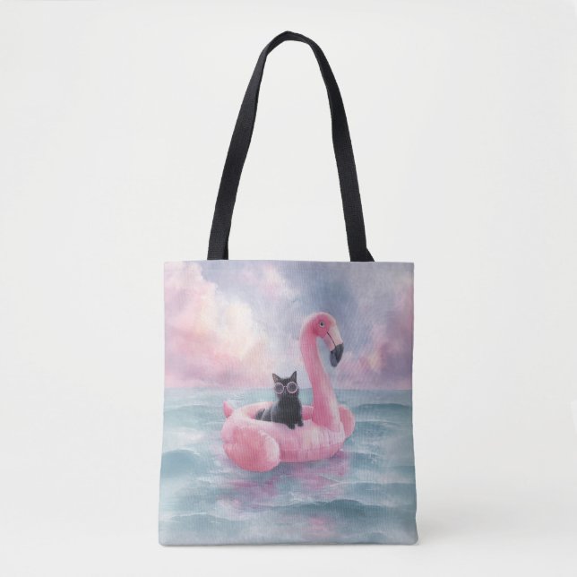 Whimsical Black Cat in Flamingo Float Tote Bag (Front)