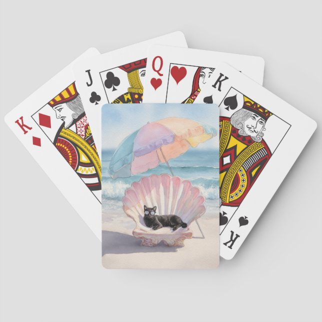 Whimsical Black Cat in Seashell with Umbrella Play Playing Cards (Back)