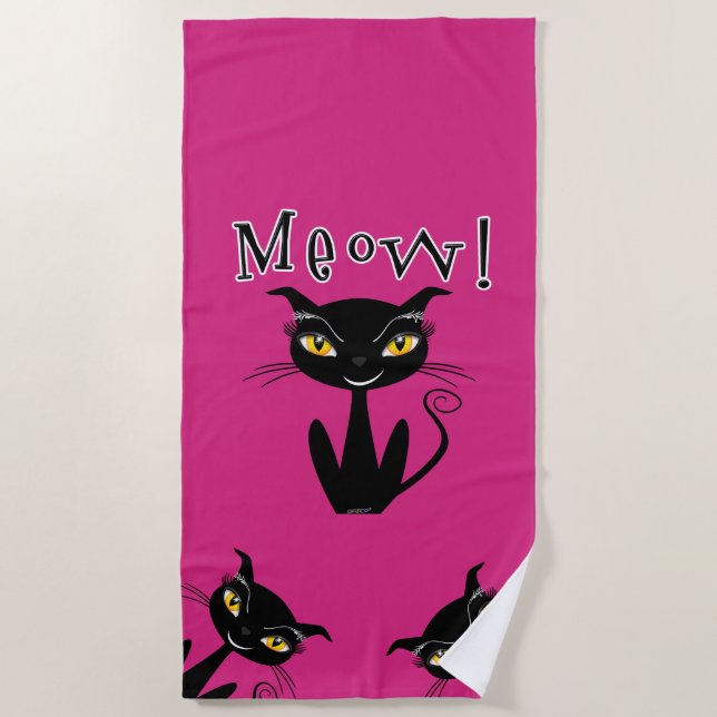 Whimsical Black Cat Meow! Beach Towel (Front)