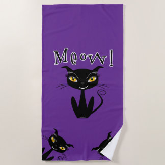 Whimsical Black Cat Meow! Beach Towel