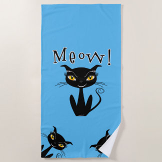 Whimsical Black Cat Meow! Beach Towel