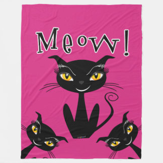 Whimsical Black Cat Meow! Fleece Blanket